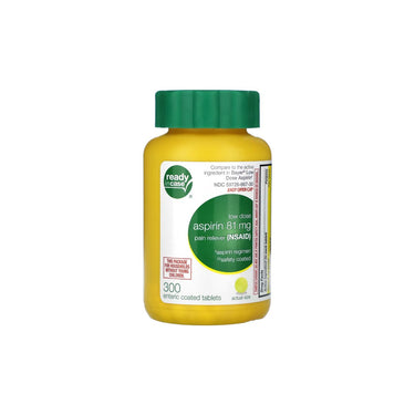A bottle of Life Extension Aspirin, 81 mg 300 enteric-coated tablets on a white background.